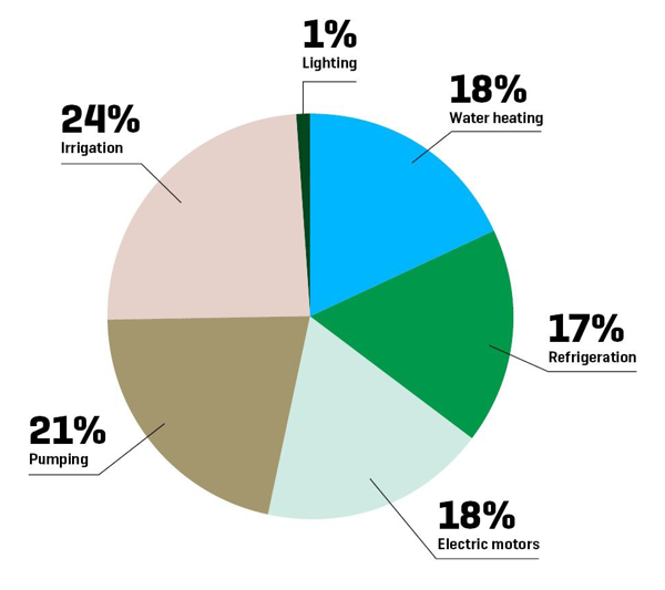 Pie chart showing electricity usage for the dairy farming sector during 2022