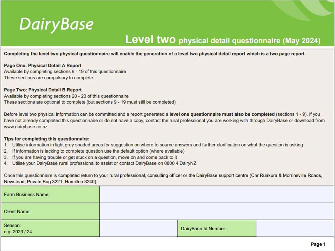 Dairybase Level 2 Physical Questionnaire Image